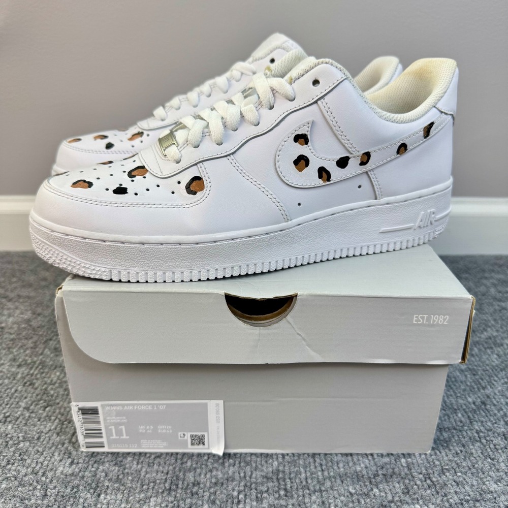 Nike Air Force 1 '07 Shoes Womens Size 11 White Custom Cheetah Print Sneakers‎